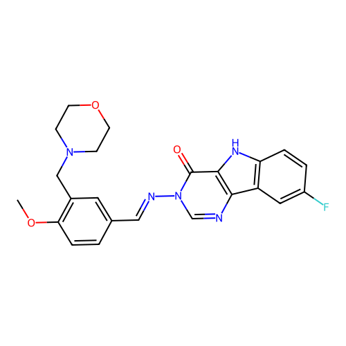 (E)-8-fluoro-3-((4-methoxy-3-(morpholinomethyl)benzylidene)amino)-3H-pyrimido[5,4-b]indol-4(5H)-one structure