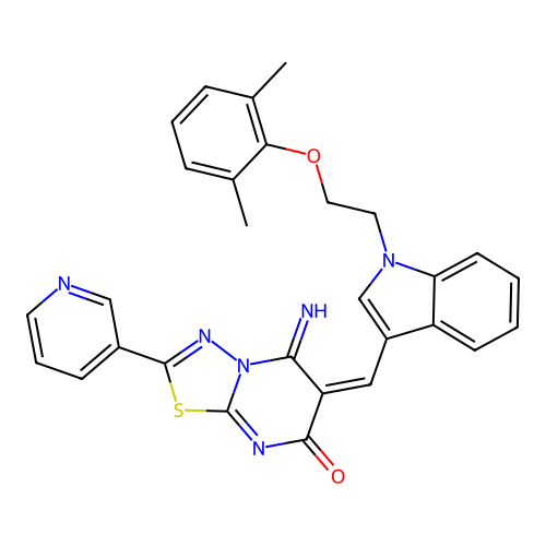(E)-6-((1-(2-(2,6-dimethylphenoxy)ethyl)-1H-indol-3-yl)methylene)-5-imino-2-(pyridin-3-yl)-5H-[1,3,4]thiadiazolo[3,2-a]pyrimidin-7(6H)-one structure
