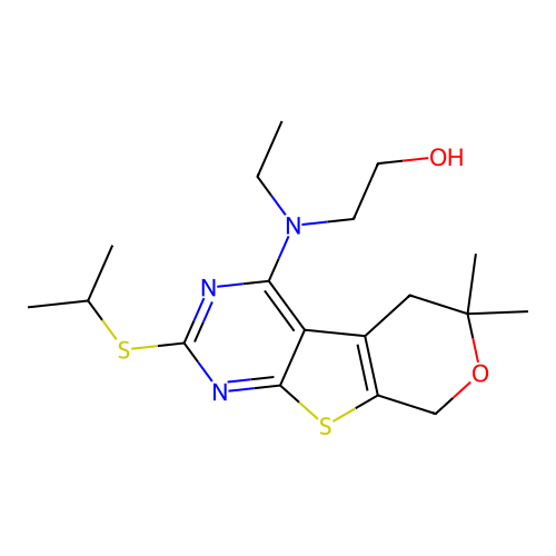 2-(ethyl(2-(isopropylthio)-6,6-dimethyl-6,8-dihydro-5H-pyrano[4',3':4,5]thieno[2,3-d]pyrimidin-4-yl)amino)ethanol structure
