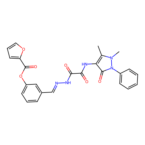 (E)-3-((2-(2-((1,5-dimethyl-3-oxo-2-phenyl-2,3-dihydro-1H-pyrazol-4-yl)amino)-2-oxoacetyl)hydrazono)methyl)phenyl furan-2-carboxylate structure