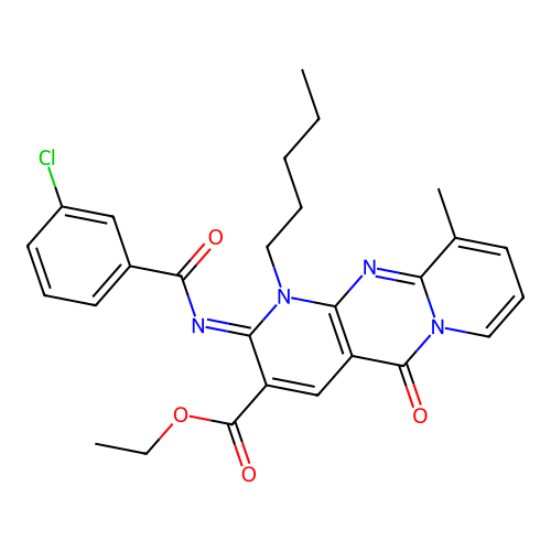 (Z)-ethyl 2-((3-chlorobenzoyl)imino)-10-methyl-5-oxo-1-pentyl-2,5-dihydro-1H-dipyrido[1,2-a:2',3'-d]pyrimidine-3-carboxylate structure