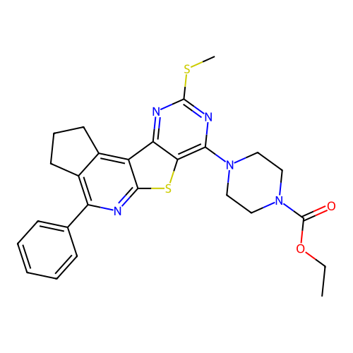 ethyl 4-(9-(methylthio)-4-phenyl-2,3-dihydro-1H-cyclopenta[4',5']pyrido[3',2':4,5]thieno[3,2-d]pyrimidin-7-yl)piperazine-1-carboxylate structure
