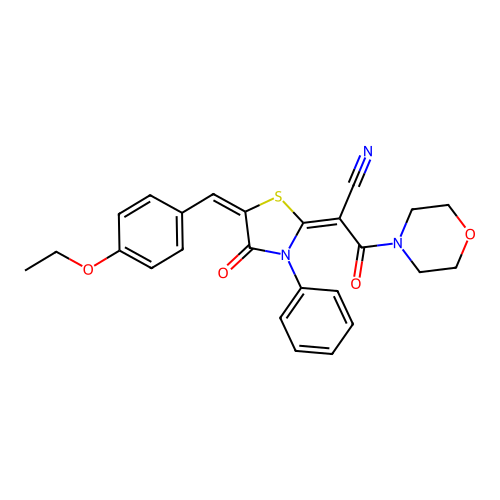 (2E)-2-[(5E)-5-(4-ethoxybenzylidene)-4-oxo-3-phenyl-1,3-thiazolidin-2-ylidene]-3-(morpholin-4-yl)-3-oxopropanenitrile structure