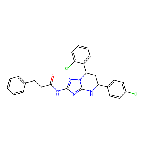 N-(7-(2-chlorophenyl)-5-(4-chlorophenyl)-4,5,6,7-tetrahydro-[1,2,4]triazolo[1,5-a]pyrimidin-2-yl)-3-phenylpropanamide structure