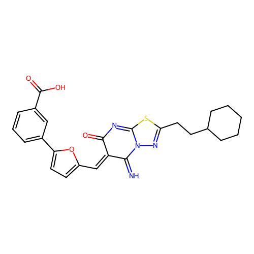 (Z)-3-(5-((2-(2-cyclohexylethyl)-5-imino-7-oxo-5H-[1,3,4]thiadiazolo[3,2-a]pyrimidin-6(7H)-ylidene)methyl)furan-2-yl)benzoic acid structure