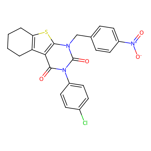 3-(4-chlorophenyl)-1-(4-nitrobenzyl)-5,6,7,8-tetrahydro[1]benzothieno[2,3-d]pyrimidine-2,4(1H,3H)-dione structure
