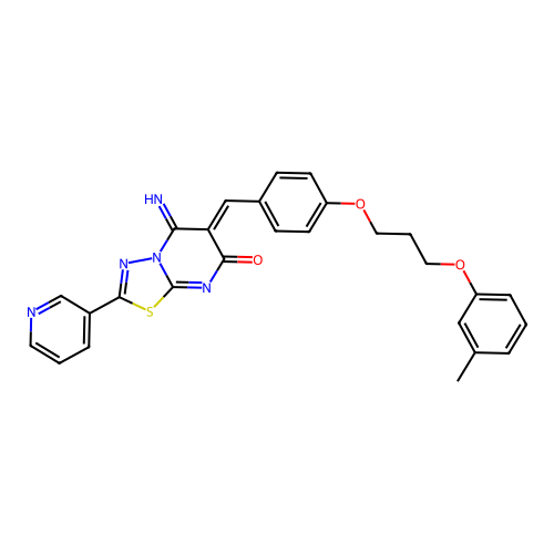 (6Z)-5-imino-6-[[4-[3-(3-methylphenoxy)propoxy]phenyl]methylidene]-2-pyridin-3-yl-[1,3,4]thiadiazolo[3,2-a]pyrimidin-7-one structure