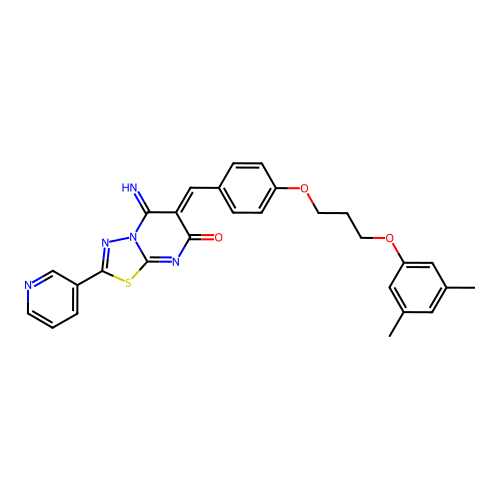 (6Z)-6-[[4-[3-(3,5-dimethylphenoxy)propoxy]phenyl]methylidene]-5-imino-2-pyridin-3-yl-[1,3,4]thiadiazolo[3,2-a]pyrimidin-7-one structure