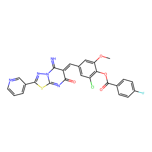 (Z)-2-chloro-4-((5-imino-7-oxo-2-(pyridin-3-yl)-5H-[1,3,4]thiadiazolo[3,2-a]pyrimidin-6(7H)-ylidene)methyl)-6-methoxyphenyl 4-fluorobenzoate structure