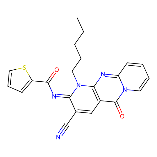 (E)-N-(3-cyano-5-oxo-1-pentyl-1H-dipyrido[1,2-a:2',3'-d]pyrimidin-2(5H)-ylidene)thiophene-2-carboxamide structure