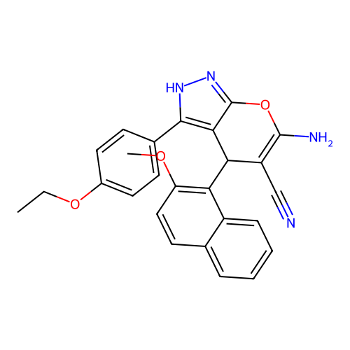6-amino-3-(4-ethoxyphenyl)-4-(2-methoxynaphthalen-1-yl)-1,4-dihydropyrano[2,3-c]pyrazole-5-carbonitrile structure