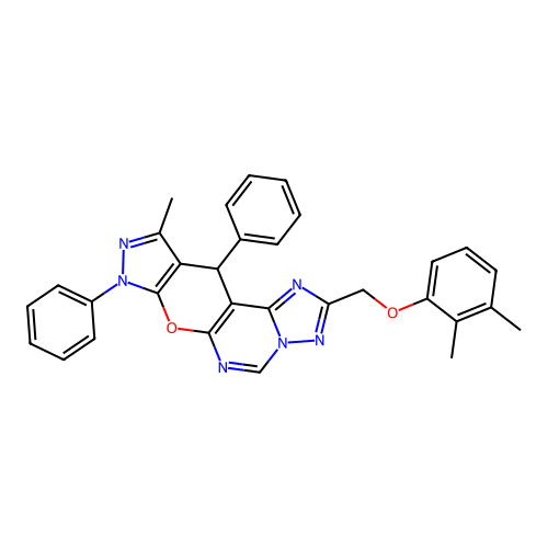 2-[(2,3-dimethylphenoxy)methyl]-10-methyl-8,11-diphenyl-8,11-dihydropyrazolo[4',3':5,6]pyrano[3,2-e][1,2,4]triazolo[1,5-c]pyrimidine structure