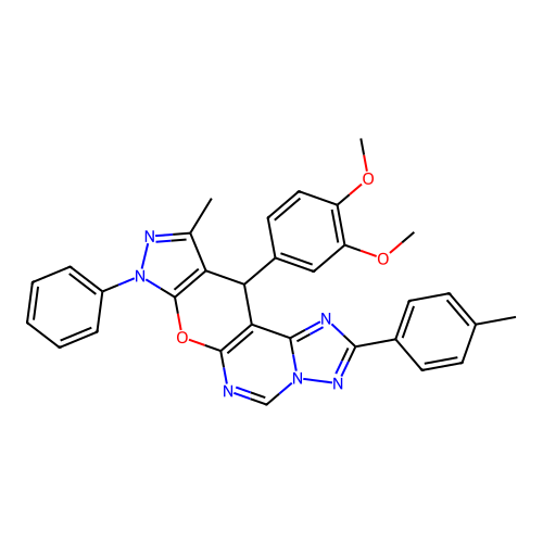 11-(3,4-dimethoxyphenyl)-10-methyl-2-(4-methylphenyl)-8-phenyl-8,11-dihydropyrazolo[4',3':5,6]pyrano[3,2-e][1,2,4]triazolo[1,5-c]pyrimidine structure