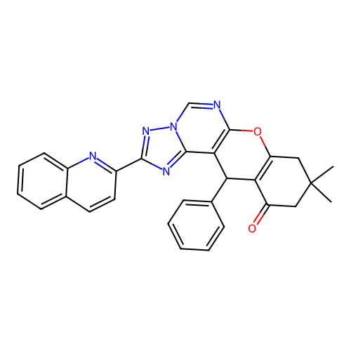 9,9-dimethyl-12-phenyl-2-(quinolin-2-yl)-8,9,10,12-tetrahydro-11H-chromeno[3,2-e][1,2,4]triazolo[1,5-c]pyrimidin-11-one structure