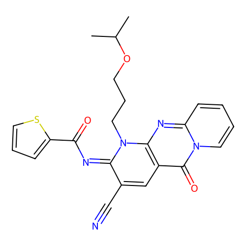 (E)-N-(3-cyano-1-(3-isopropoxypropyl)-5-oxo-1H-dipyrido[1,2-a:2',3'-d]pyrimidin-2(5H)-ylidene)thiophene-2-carboxamide structure