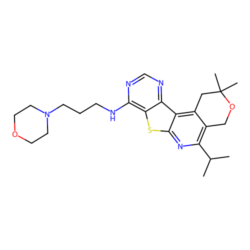 2,2-dimethyl-N-[3-(morpholin-4-yl)propyl]-5-(propan-2-yl)-1,4-dihydro-2H-pyrano[4'',3'':4',5']pyrido[3',2':4,5]thieno[3,2-d]pyrimidin-8-amine structure