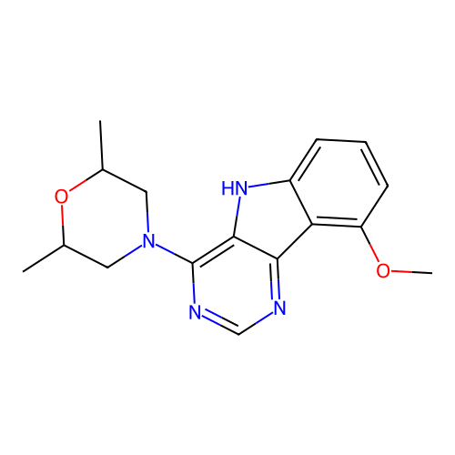 4-(9-methoxy-5H-pyrimido[5,4-b]indol-4-yl)-2,6-dimethylmorpholine structure