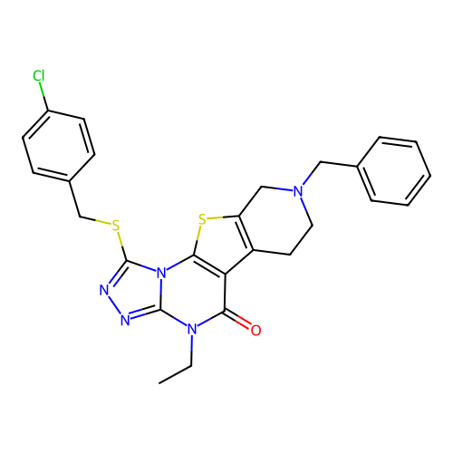 8-benzyl-1-((4-chlorobenzyl)thio)-4-ethyl-6,7,8,9-tetrahydropyrido[4',3':4,5]thieno[3,2-e][1,2,4]triazolo[4,3-a]pyrimidin-5(4H)-one structure
