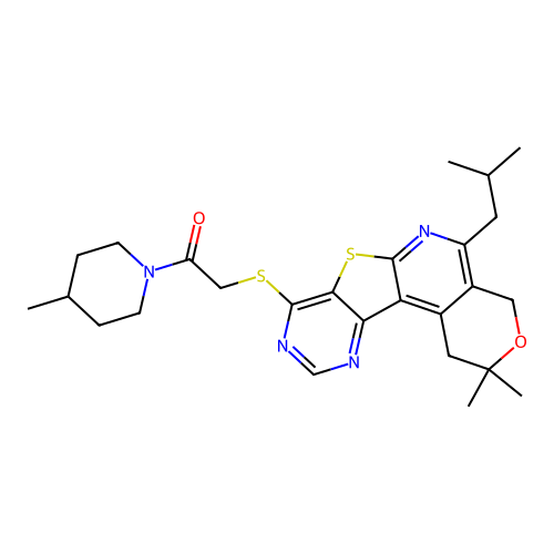 2-((5-isobutyl-2,2-dimethyl-2,4-dihydro-1H-pyrano[4'',3'':4',5']pyrido[3',2':4,5]thieno[3,2-d]pyrimidin-8-yl)thio)-1-(4-methylpiperidin-1-yl)ethanone structure