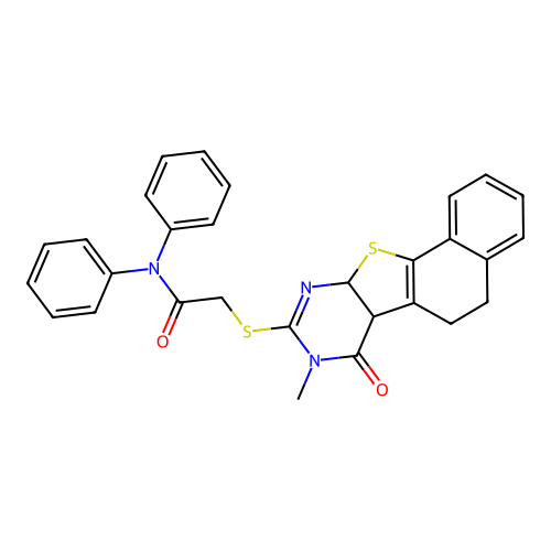 2-((8-methyl-7-oxo-5,6,6b,7,8,10a-hexahydronaphtho[2',1':4,5]thieno[2,3-d]pyrimidin-9-yl)thio)-N,N-diphenylacetamide structure