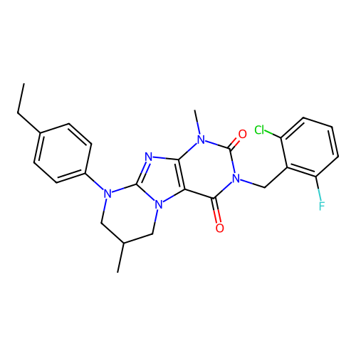 3-(2-chloro-6-fluorobenzyl)-9-(4-ethylphenyl)-1,7-dimethyl-6,7,8,9-tetrahydropyrimido[2,1-f]purine-2,4(1H,3H)-dione structure