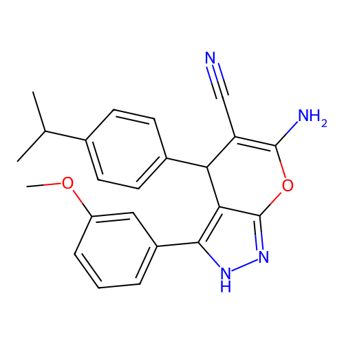 6-amino-4-(4-isopropylphenyl)-3-(3-methoxyphenyl)-2,4-dihydropyrano[2,3-c]pyrazole-5-carbonitrile structure