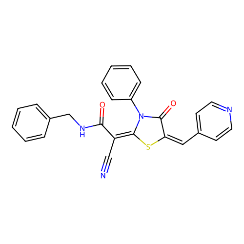 (E)-N-benzyl-2-cyano-2-((E)-4-oxo-3-phenyl-5-(pyridin-4-ylmethylene)thiazolidin-2-ylidene)acetamide structure