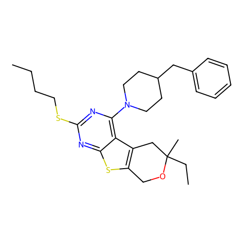 4-(4-benzylpiperidin-1-yl)-2-(butylsulfanyl)-6-ethyl-6-methyl-5,8-dihydro-6H-pyrano[4',3':4,5]thieno[2,3-d]pyrimidine structure
