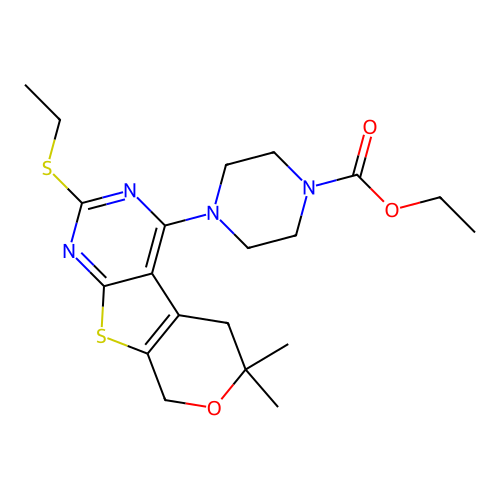 ethyl 4-(2-(ethylthio)-6,6-dimethyl-6,8-dihydro-5H-pyrano[4',3':4,5]thieno[2,3-d]pyrimidin-4-yl)piperazine-1-carboxylate structure