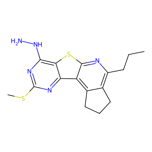 7-hydrazinyl-9-(methylsulfanyl)-4-propyl-2,3-dihydro-1H-cyclopenta[4',5']pyrido[3',2':4,5]thieno[3,2-d]pyrimidine structure