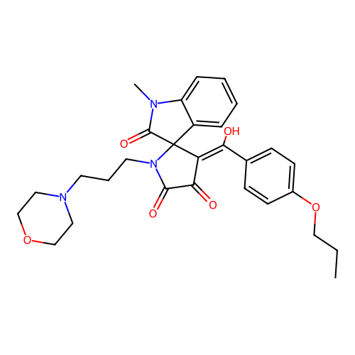 (4'E)-4'-[hydroxy-(4-propoxyphenyl)methylidene]-1-methyl-1'-(3-morpholin-4-ylpropyl)spiro[indole-3,5'-pyrrolidine]-2,2',3'-trione structure