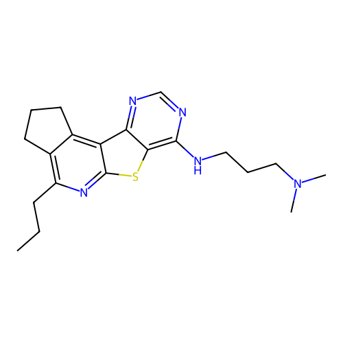 N,N-dimethyl-N'-(4-propyl-2,3-dihydro-1H-cyclopenta[4',5']pyrido[3',2':4,5]thieno[3,2-d]pyrimidin-7-yl)propane-1,3-diamine structure