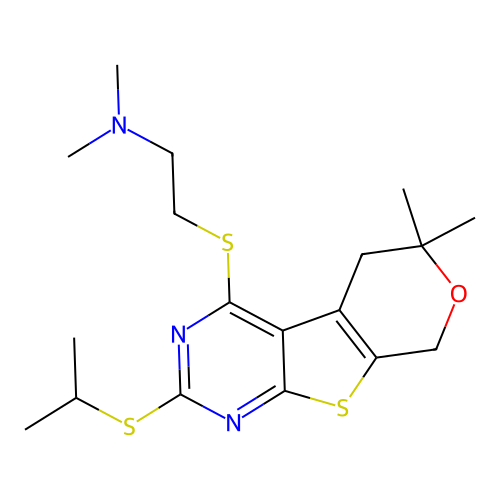 2-((2-(isopropylthio)-6,6-dimethyl-6,8-dihydro-5H-pyrano[4',3':4,5]thieno[2,3-d]pyrimidin-4-yl)thio)-N,N-dimethylethanamine structure