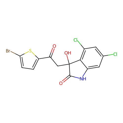 3-(2-(5-bromothiophen-2-yl)-2-oxoethyl)-4,6-dichloro-3-hydroxyindolin-2-one structure