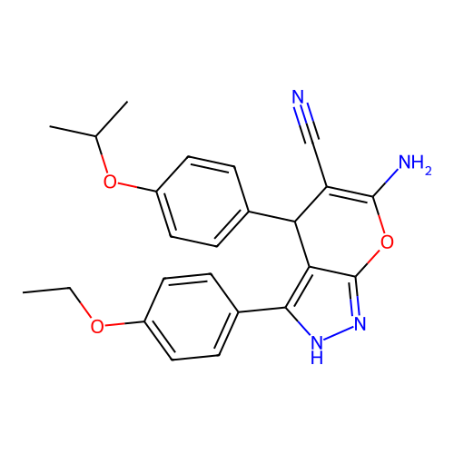 6-amino-3-(4-ethoxyphenyl)-4-(4-isopropoxyphenyl)-1,4-dihydropyrano[2,3-c]pyrazole-5-carbonitrile structure