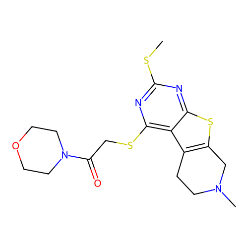 2-((7-methyl-2-(methylthio)-5,6,7,8-tetrahydropyrido[4',3':4,5]thieno[2,3-d]pyrimidin-4-yl)thio)-1-morpholinoethanone structure