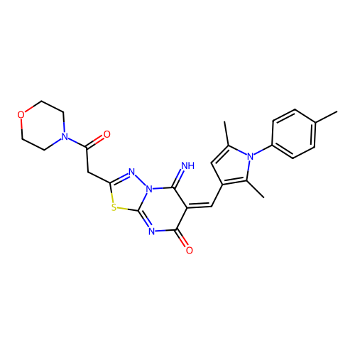 (E)-6-((2,5-dimethyl-1-(p-tolyl)-1H-pyrrol-3-yl)methylene)-5-imino-2-(2-morpholino-2-oxoethyl)-5H-[1,3,4]thiadiazolo[3,2-a]pyrimidin-7(6H)-one structure