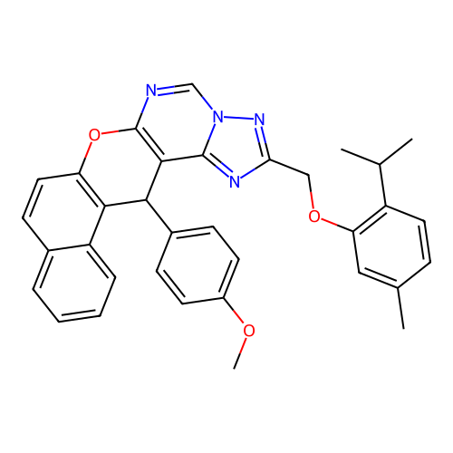 14-(4-methoxyphenyl)-2-{[5-methyl-2-(propan-2-yl)phenoxy]methyl}-14H-benzo[5,6]chromeno[3,2-e][1,2,4]triazolo[1,5-c]pyrimidine structure