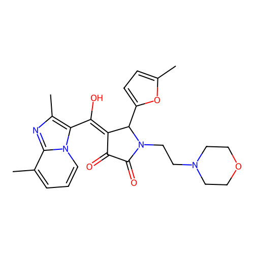 (4E)-4-[(2,8-dimethylimidazo[1,2-a]pyridin-3-yl)-hydroxymethylidene]-5-(5-methylfuran-2-yl)-1-(2-morpholin-4-ylethyl)pyrrolidine-2,3-dione structure