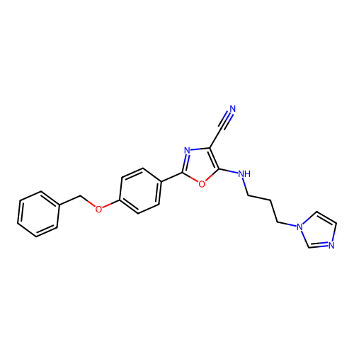 2-[4-(benzyloxy)phenyl]-5-{[3-(1H-imidazol-1-yl)propyl]amino}-1,3-oxazole-4-carbonitrile structure