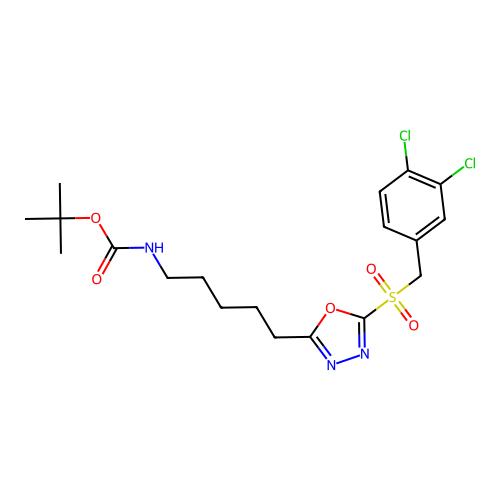 tert-butyl (5-(5-((3,4-dichlorobenzyl)sulfonyl)-1,3,4-oxadiazol-2-yl)pentyl)carbamate structure