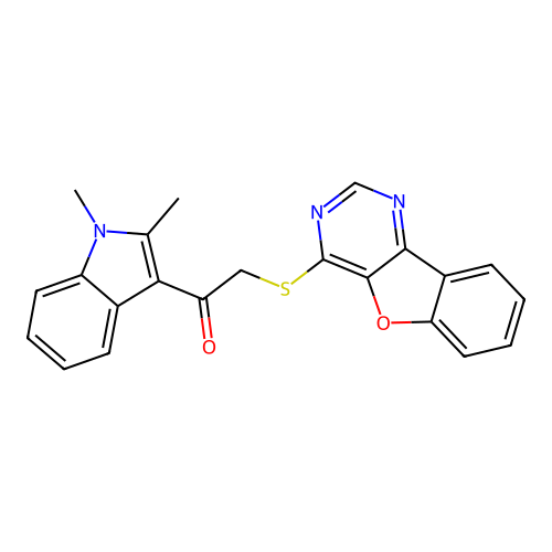 2-([1]benzofuro[3,2-d]pyrimidin-4-ylsulfanyl)-1-(1,2-dimethyl-1H-indol-3-yl)ethanone structure