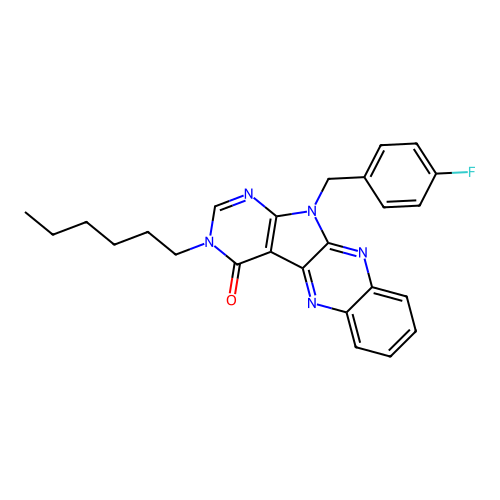 11-(4-fluorobenzyl)-3-hexyl-3H-pyrimido[5',4':4,5]pyrrolo[2,3-b]quinoxalin-4(11H)-one structure