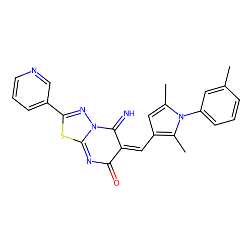 (E)-6-((2,5-dimethyl-1-(m-tolyl)-1H-pyrrol-3-yl)methylene)-5-imino-2-(pyridin-3-yl)-5H-[1,3,4]thiadiazolo[3,2-a]pyrimidin-7(6H)-one structure