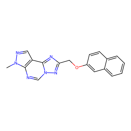 7-methyl-2-((naphthalen-2-yloxy)methyl)-7H-pyrazolo[4,3-e][1,2,4]triazolo[1,5-c]pyrimidine structure