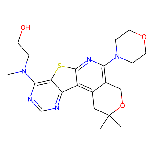 2-((2,2-dimethyl-5-morpholino-2,4-dihydro-1H-pyrano[4'',3'':4',5']pyrido[3',2':4,5]thieno[3,2-d]pyrimidin-8-yl)(methyl)amino)ethanol structure