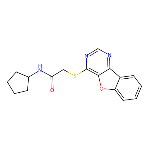 2-([1]benzofuro[3,2-d]pyrimidin-4-ylsulfanyl)-N-cyclopentylacetamide structure