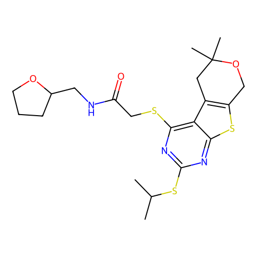 2-((2-(isopropylthio)-6,6-dimethyl-6,8-dihydro-5H-pyrano[4',3':4,5]thieno[2,3-d]pyrimidin-4-yl)thio)-N-((tetrahydrofuran-2-yl)methyl)acetamide structure