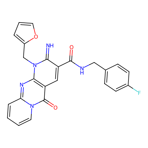 2-azanylidene-N-[(4-fluorophenyl)methyl]-1-(furan-2-ylmethyl)-5-oxidanylidene-dipyrido[1,2-d:3'',4''-f]pyrimidine-3-carboxamide structure