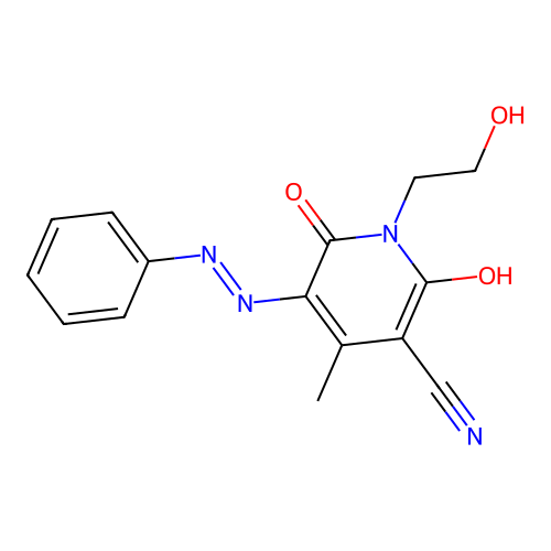1-(2-hydroxyethyl)-4-methyl-2,6-dioxo-5-(phenylhydrazinylidene)pyridine-3-carbonitrile structure